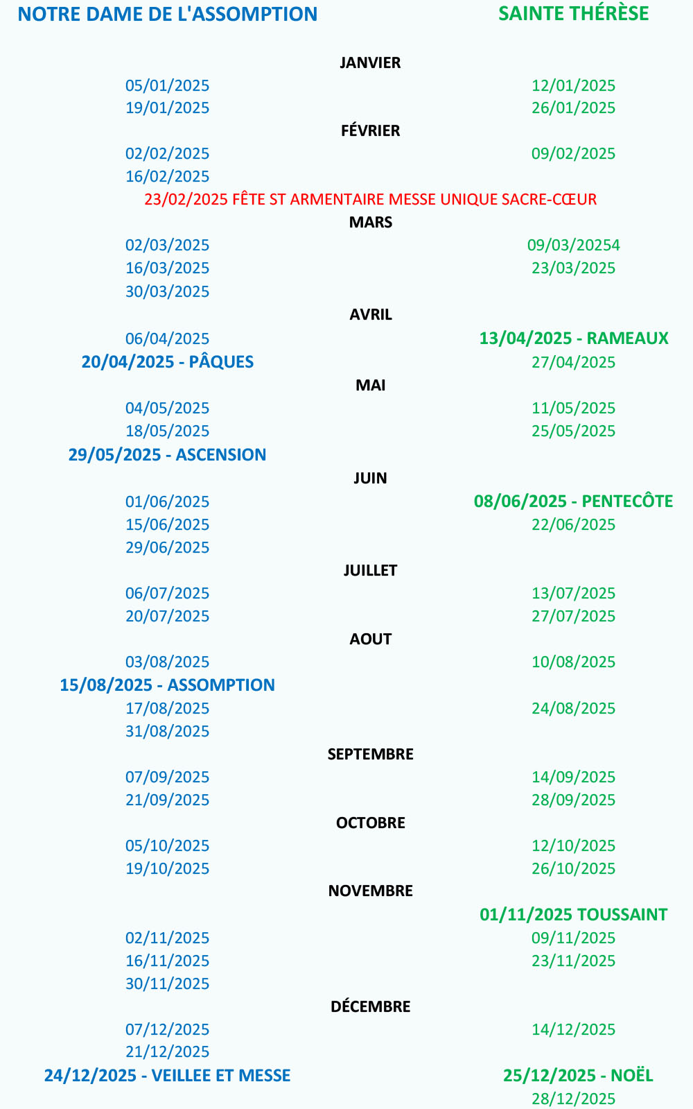 répartition des messes Assomption et Sainte Thérèse